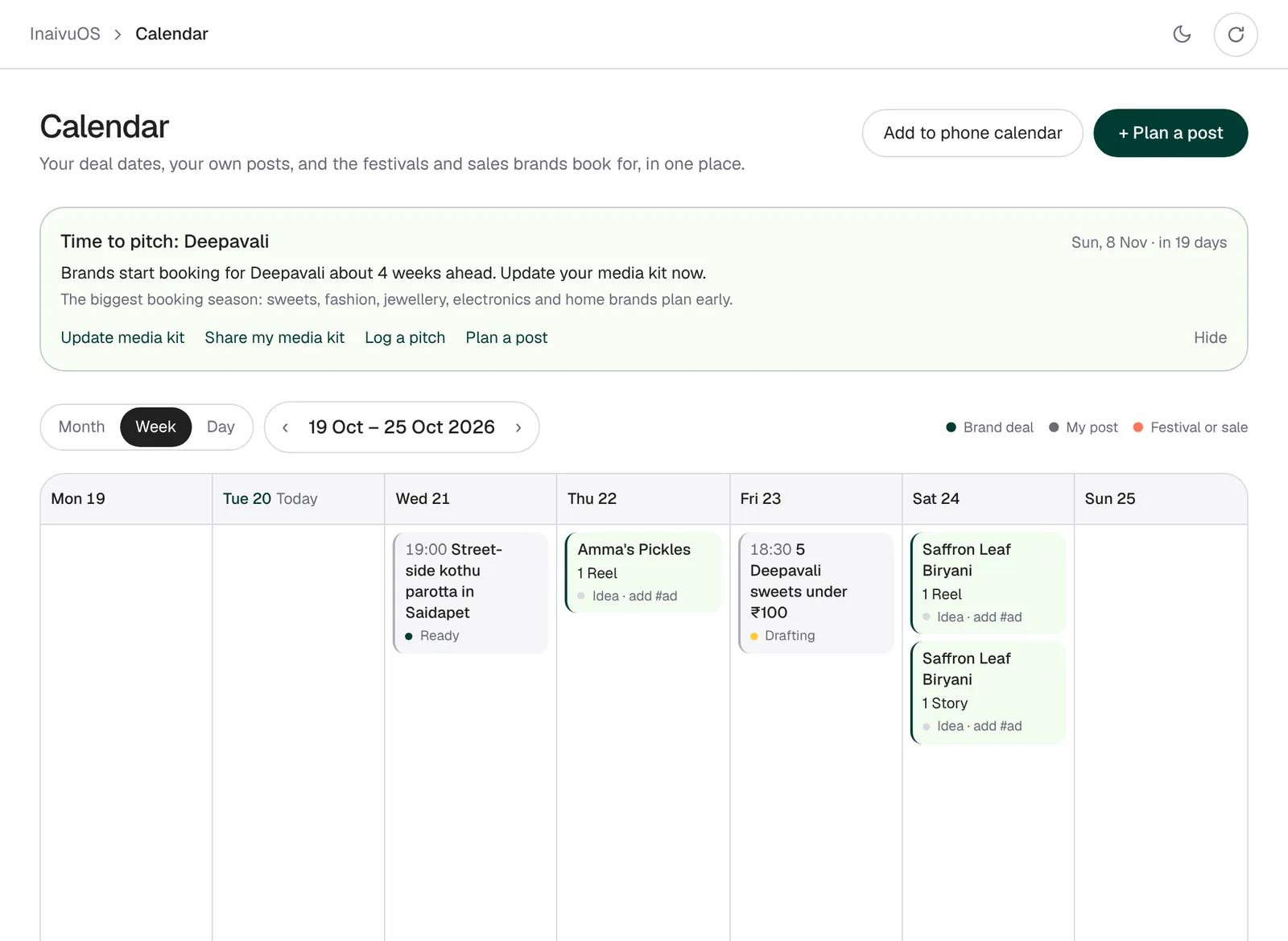 The content calendar in week view with deliverables, a post plan and a festival pitch reminder