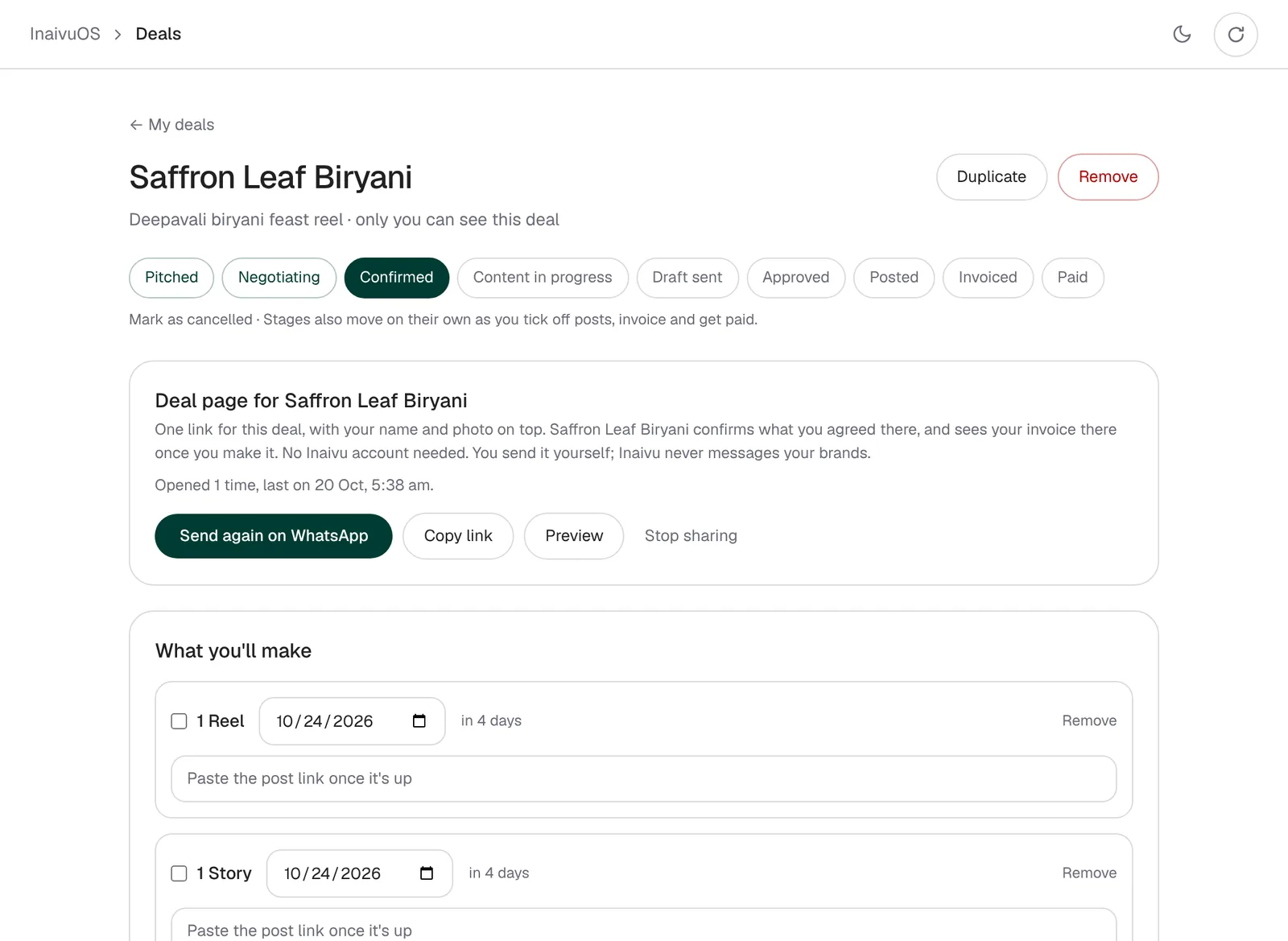 A deal with its brand link, the Send on WhatsApp button and what you will make