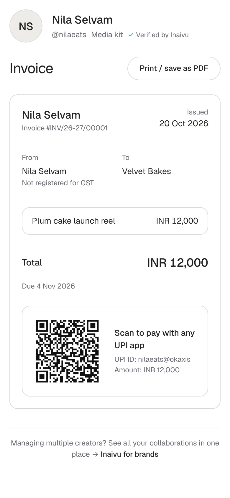 An invoice opened on a phone with a UPI QR code to pay